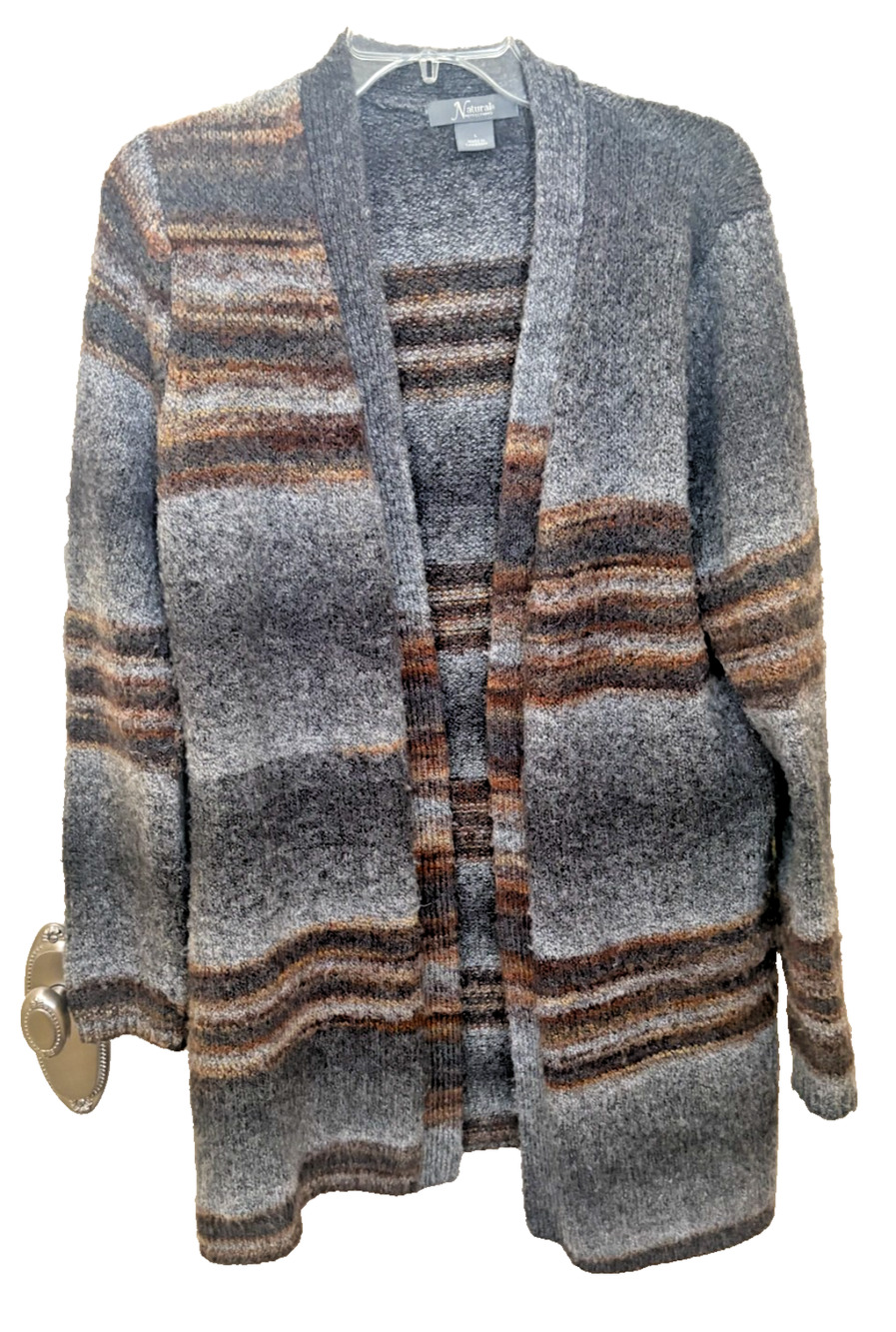 Natural Reflections Grey Brown Neutral Striped Open Cardigan Sweater, Women's L